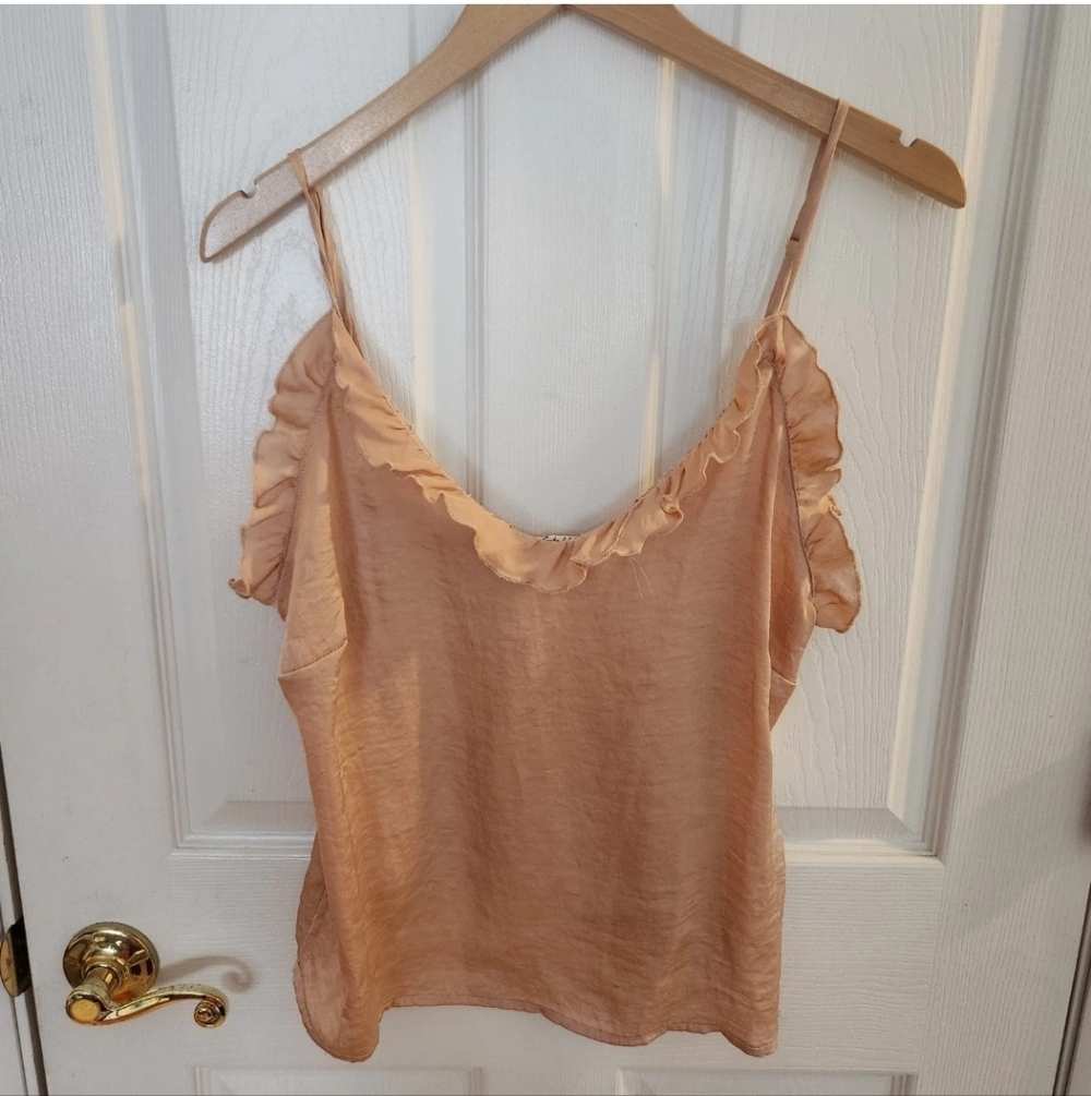 Free People Intimately Size M Pink Silky V Neck‎ Ruffle Spaghetti Strap Tank Top